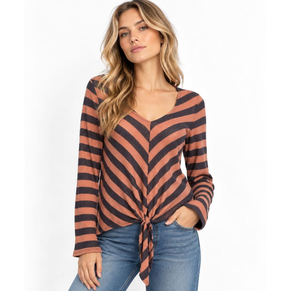 Promesa Womens Striped Top Large Coral Gray V Neck Thermal Boho Y2K NEW